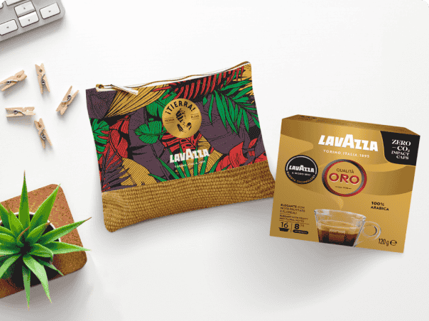 Desk pouch in canvas e tessuto grana di riso con 16 capsule Lavazza A Modo Mio